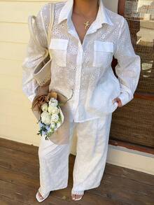 Dazy Plus 两件套优雅蕾丝宽松翻领长袖上衣和直筒长裤，大码女式休闲套装，春秋季，白色 - 白色 - 查看 8