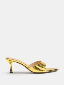 Glitzique Mules à talons stilettos jaunes pour femmes, à la taille cintrée et à la large empeigne, avec une pointe délicatement texturée en pierre, des talons de chaton métalliques élégants de couleur jaune. Sandales à talons hauts jaunes convenant pour le printemps/été, les soirées de mode, les tenues décontractées et extérieures. Couleur or métallique luxueuse miroir - Doré - Voir 5