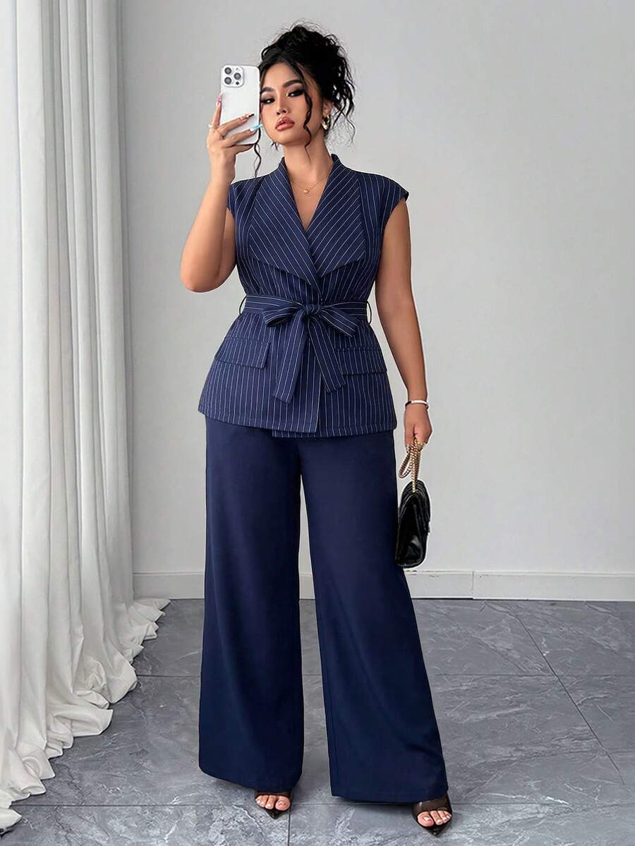 Elenzga Plus Size Women's Elegant Asymmetrical Lapel Open Front Blazer With Belt & Wide Leg Pants 2 Pieces Set, Spring/Summer - Blue and White - View 1