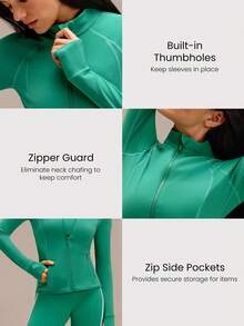 GLOWMODE Áo khoác dài tay FeatherFit™ Slim-It Streamline Performance với túi an toàn, khóa kéo, thích hợp cho yoga hàng ngày, ngày Valentine. - màu xanh lá - Xem 3
