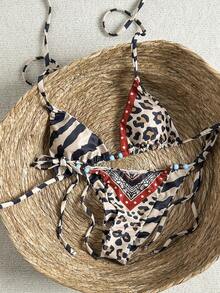 Bonvoyette Conjunto de bikini sexy de triángulo con tirantes de espagueti, estampado de leopardo y cebra, con bloques de color, cuentas y espalda descubierta, para mujeres en verano 2026 - Multicolor - Ver 12