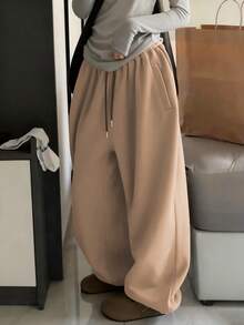 EMERY ROSE 女士纯灰色弹力腰抽绳宽松休闲慢跑裤，带口袋 - 卡其色 - 查看 4