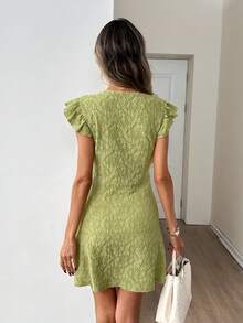 Easowa V领荷叶边泡泡袖纽扣A字连衣裙，提花面料，休闲优雅，适合办公室或度假穿着，春夏女士短款连衣裙 - 綠色 - 查看 5