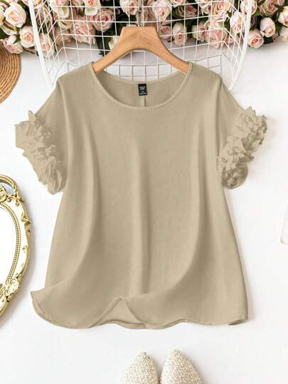 SHEIN LUNE Plus Size Solid Color Round Neck Short Sleeve Ruffle Hem Blouse, Summer