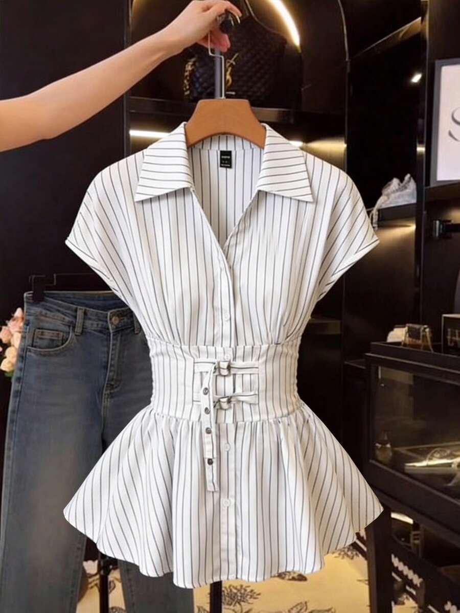 Franclia Black And White Striped,Summer,Elegent,Office Women's Short-Sleeved Fitted Shirt With D-Ring Button Front,Adjustable Peplum Blouse For Work Attire - White - View 1