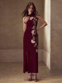 MOTF PREMIUM WOMEN'S ELEGANT FLORAL EMBROIDERED SLIT DRESS - Burgundy - View 3