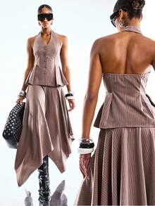 LYSMO 2026 New Arrive Minimalism Spring/Summer Women's Printed Minimalist Casual Sleeveless Top And Skirt Suit Set - Khaki - View 9