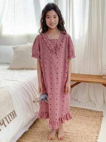 Dazy Kids 少女心形印花荷叶边睡裙家居服 - 紫色 - 查看 4