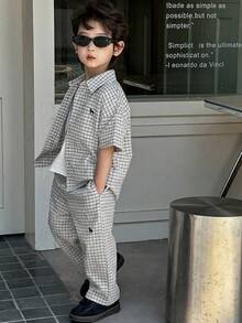 Dazy Kids Conjunto de camisa casual de manga corta con hombros caídos y botones con estampado a cuadros para niños pequeños, verano - Blanco y Negro - Ver 5