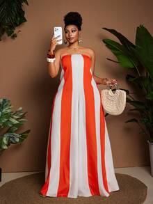 Maweii Bộ jumpsuit cúp ngực dáng rộng, thoải mái, phối sọc, cỡ lớn, không dây vai - trái cam - Xem 5