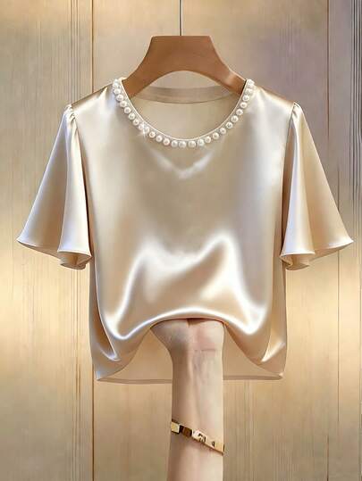 Franclia 大码春夏珍珠装饰短袖休闲优雅针织法式衬衫