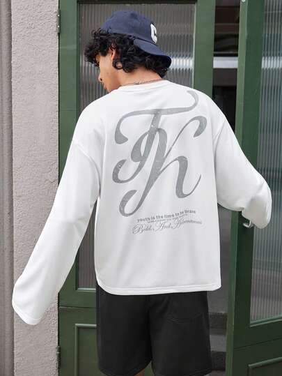 Open Phase Men's Comfortable Letter Graphic Round Neck Long Sleeve Short T-Shirt, Autumn