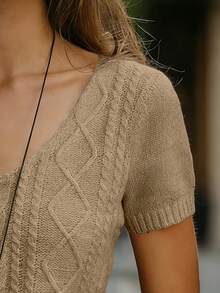 Ellegaria. Áo len nữ dáng suông, cổ chữ V, tay ngắn, màu mơ, kiểu dáng tối giản, thích hợp mặc hàng ngày. - Màu Khaki - Xem 5