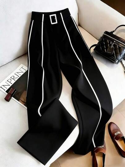 Franclia 春夏新款高腰拼接直筒阔腿裤，饰有装饰纽扣，女款