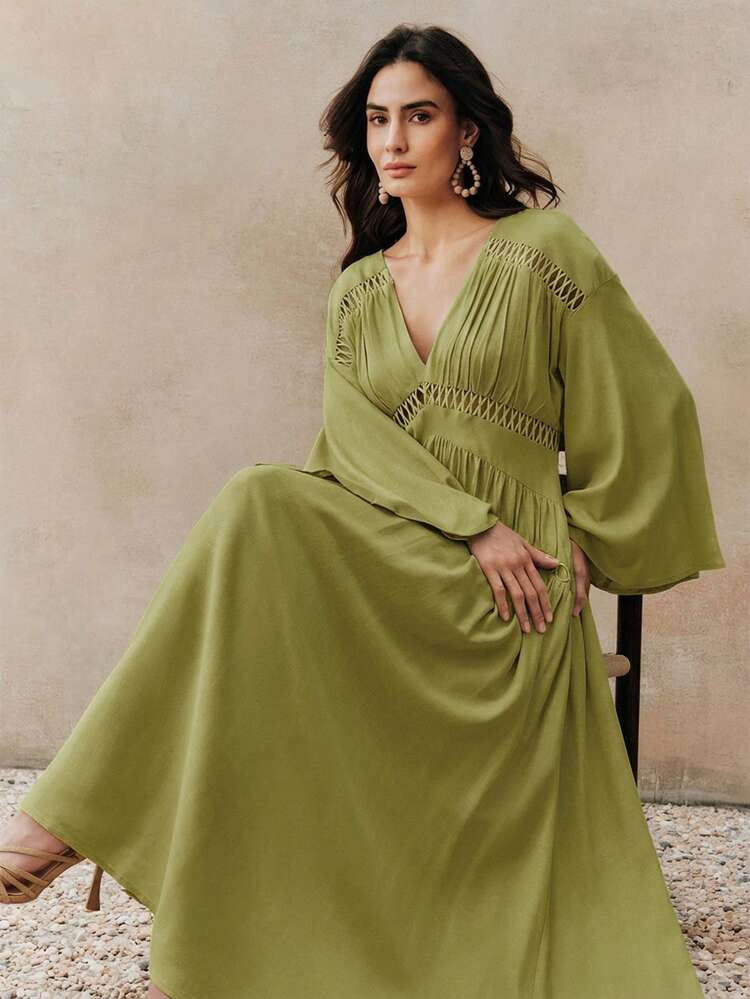 Women's Linen Fabric Pleated Hollow Floral Splice A-Line Dress, Spring/Summer