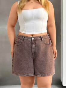 SHEIN Pantalones cortos de mezclilla de talla grande, lavados, de cintura alta - Marrón - Ver 1
