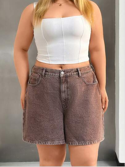 SHEIN Plus Size, Washed, High Waist, Denim Shorts