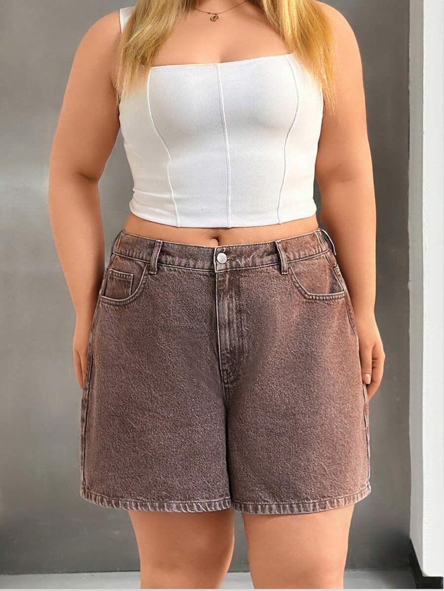 SHEIN Pantalones cortos de mezclilla de talla grande, lavados, de cintura alta - Marrón - Ver 1