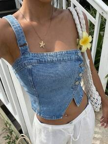 Sunnyshic Top asimétrico de hombro de mezclilla lavada de moda casual - Azul lavado medio - Ver 11