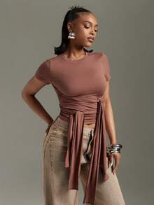 Denimoi Front Drape Tie Detail Top Concert Outfits Fashionable Streetwear It Girl - Brown - View 5