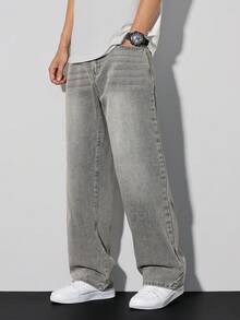 Manfinity Homme 男士休闲直筒宽松工装牛仔裤，灰色，春夏款 - 灰色 - 查看 3