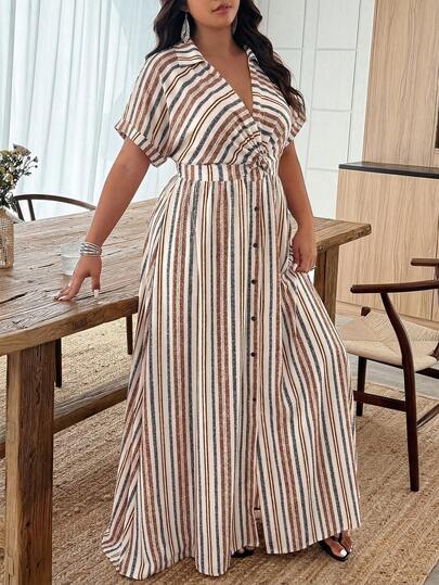 Weeklong Plus Size Women's Colorful Vintage Striped Print Twist Knot Shirt Collar A-Line Casual Vacation Dress, Spring/Summer