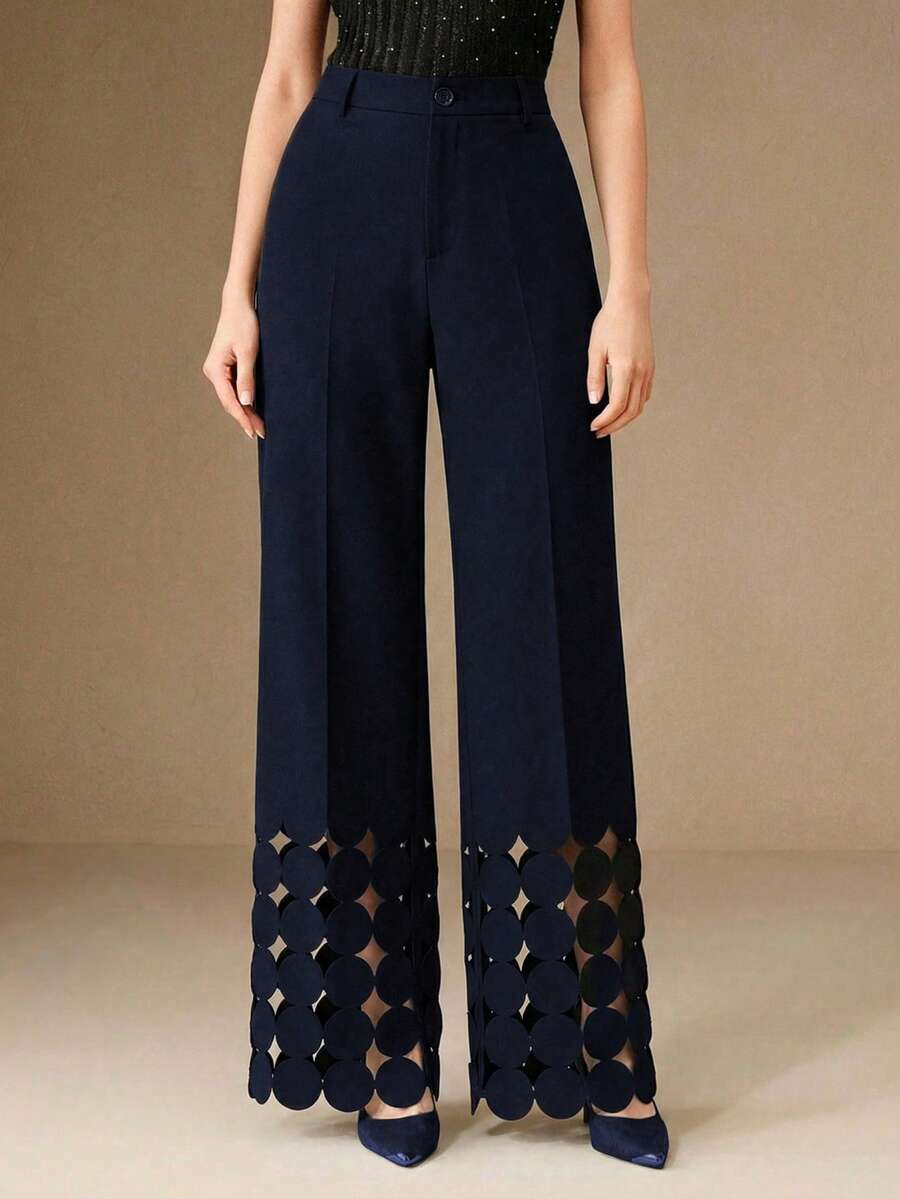 Anewsta 优雅女士办公室及派对不对称圆形贴布刺绣高腰黑色直筒裤 - 藏蓝色 - 查看 1