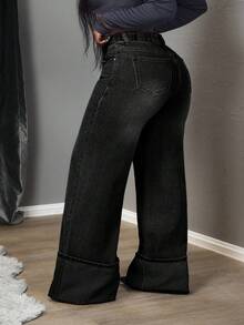 SHEIN Tall CURVE 大码休闲水洗高腰直筒牛仔裤 - 黑色 - 查看 4