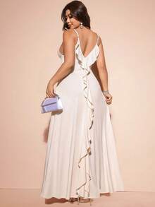 Cravure Vestido de vacaciones con escote profundo en V, espalda descubierta y tirantes de espagueti con volantes de unicolor para mujer de talla grande - Albaricoque - Ver 6