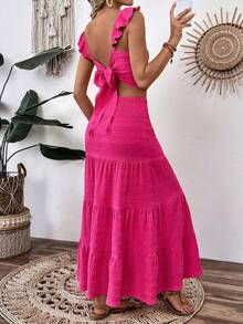 Breezaya 2 件套女士夏季纹理吊带背心，带后背系带和裙子 - 玫紅色 - 查看 2