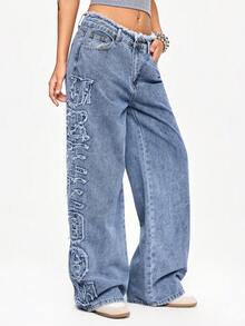 ROMWE Grunge Punk 女式超低腰宽松侧贴英文字牛仔裤 - 藍色 - 查看 1