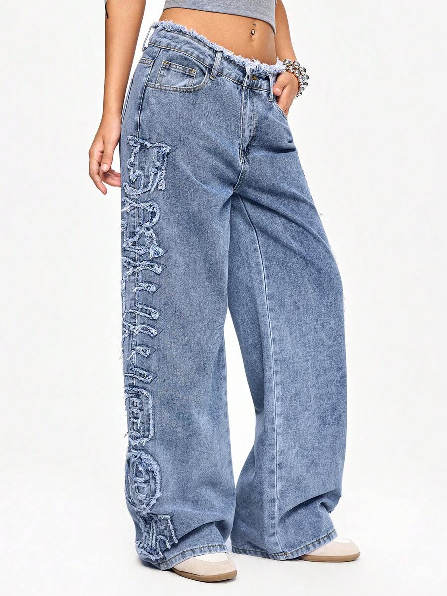 ROMWE Grunge Punk 女式超低腰宽松侧贴英文字牛仔裤 - 藍色 - 查看 1