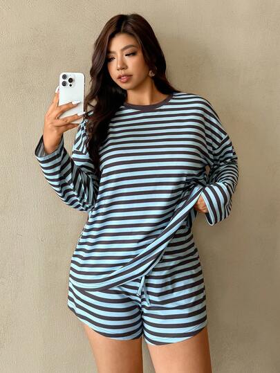 Auralis 新款春夏蓝色条纹加大码两件套/宽松圆领长袖T恤和迷你短裤/抽绳腰短裤/休闲时尚优雅套装