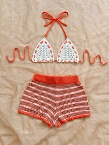 Soleia Spring & Summer Casual Vacation Western Beach Wedding Guest Attire, Graduation Brunch, St. Patrick's Day Spring Break, Easter Music Festival, Elegant Boho Tropical Chic Blue Striped Knit 2 Pieces Set - Orange - View 5