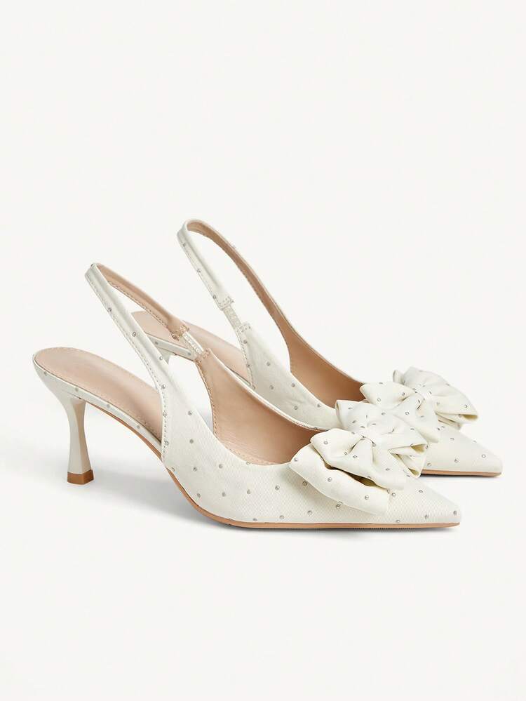 CUCCOO CHICEST Women Shoes Summer And Summer New Women's High Heel Shoes Beige Bow Rhinestone Decoration Pointed Thin Heel Slip-On 7cm Elegant Satin Solid Color Commuter Dating Valentine's Day Women's Shoes Summer Shoes Wedding Shoes Bride Shoes