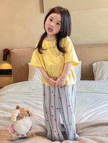 Dazy Kids 少女圓領針織滿版印花短袖T恤 + 滿版印花長褲睡衣套裝，夏季 - 黃色 - 查看 5