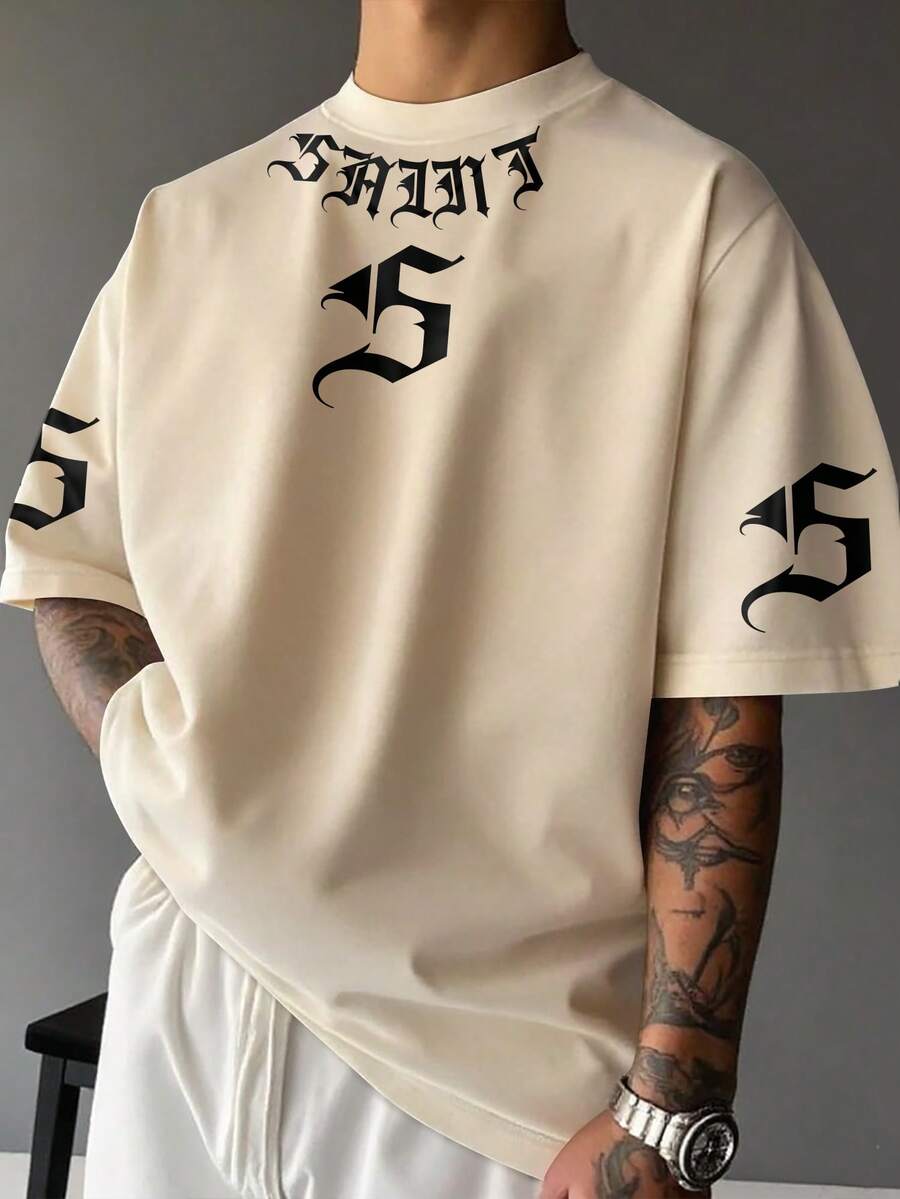 Manfinity EMRG Áo thun nam tay ngắn cổ tròn in họa tiết, kiểu dáng thường ngày - Màu Khaki - Xem 1