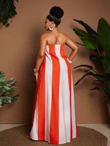 Maweii Bộ jumpsuit cúp ngực dáng rộng, thoải mái, phối sọc, cỡ lớn, không dây vai - trái cam - Xem 6
