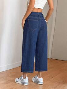 SHEIN PETITE 女士休闲日常通勤简约百搭低腰宽松短款阔腿牛仔裤 - 深色水洗藍 - 查看 2