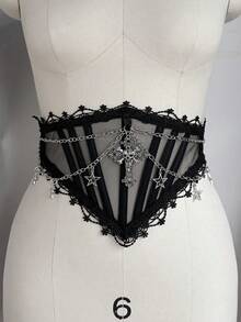 ROMWE Goth 1-Piece Women's Black Mesh Lace Edge Double Chain Skull Cross Decoration Dark Style Punk Style Waist Seal Waist Dress Jeans Accessories Daily Versatile Gift Giving First Choice - Black Skull Cross Chain Waist Seal - View 8