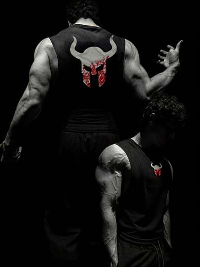 RISE LYT 男友风格男士牛印花运动背心 运动上衣、健身房、图案、运动服、纯色、男士健身背心、健身上衣、肌肉衫运动上衣 透气健身上衣