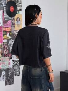 Coolane Áo thun nữ dáng rộng phong cách đường phố mùa hè, họa tiết hip-hop, thích hợp đi chơi. - màu đen - Xem 6