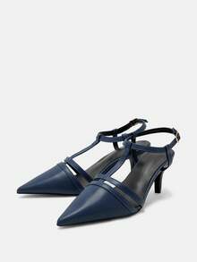 2025秋冬尖头交叉绑带高跟穆勒凉鞋，优雅法式细高跟，适合派对和活动，海军蓝，优雅，女士高跟鞋，精致，猫跟 - 藏蓝色 - 查看 5