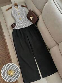 Airaco 2pcs Elegant Striped Decorative Button Neck Top Set - Multicolor - View 1