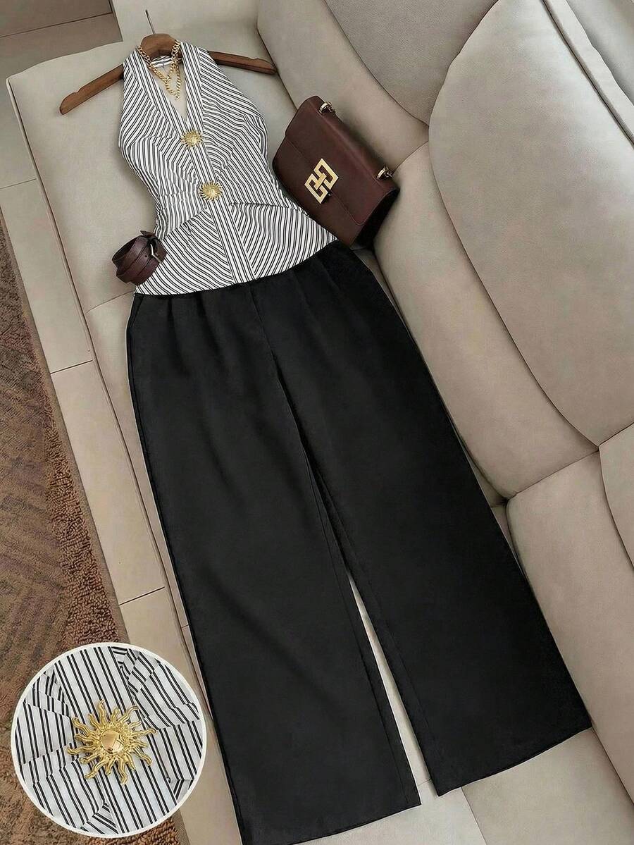 Airaco 2pcs Elegant Striped Decorative Button Neck Top Set - Multicolor - View 1