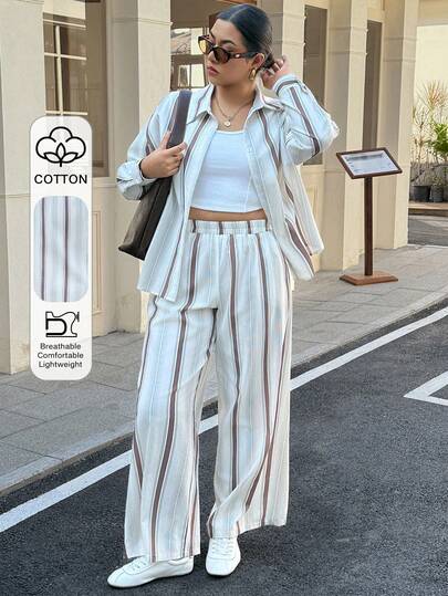 Dazy Plus Plus Size Women 2 Pieces Set, Casual Striped Loose Turndown Collar Long Sleeve Top And Straight Leg Long Pants, Suitable For Work And Commute, Spring/Autumn