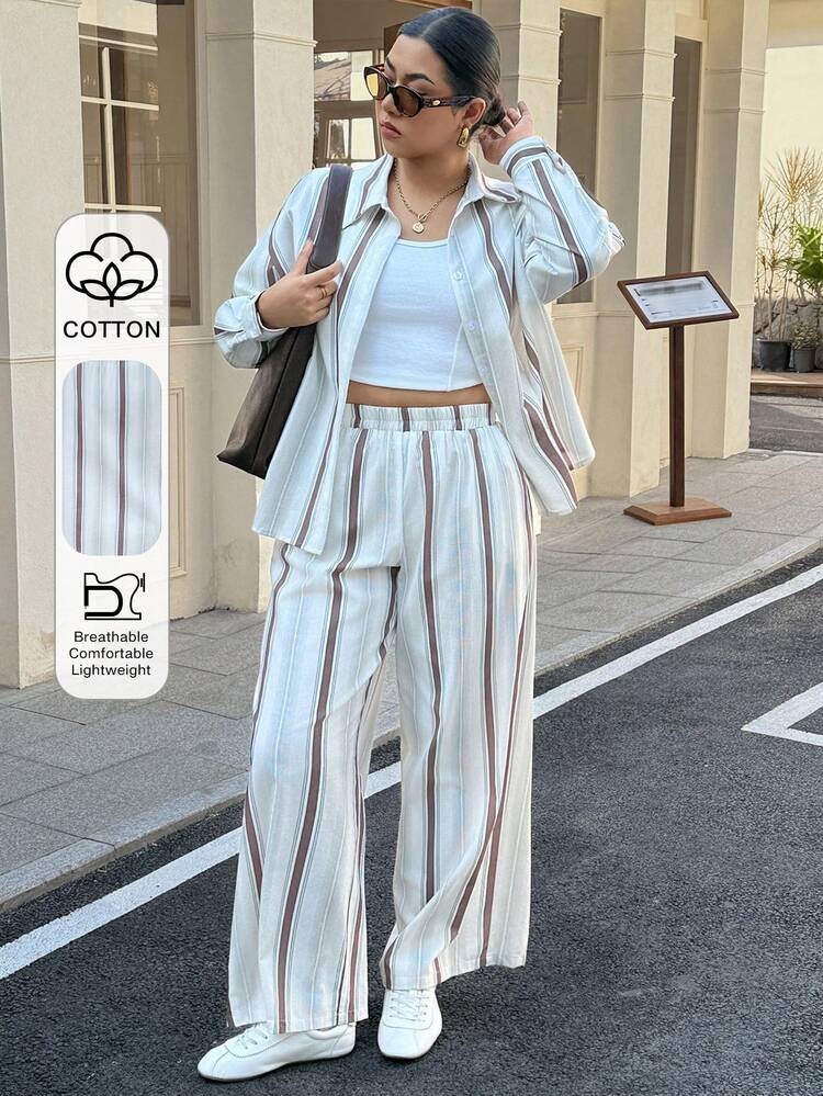 Dazy Plus Plus Size Women 2 Pieces Set, Casual Striped Loose Turndown Collar Long Sleeve Top And Straight Leg Long Pants, Suitable For Work And Commute, Spring/Autumn Lounge Sets For Women