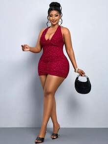 SHEIN PETITE CURVE Plus Size Women Solid Color Rhinestone Pleated Sexy Halter Dress Bling Dress Red Sparkly Dress Night Club Dress Red Rhinestone Dress - Red - View 5
