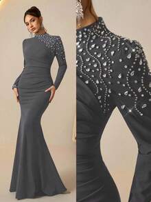 Coutiva Elegant Rhinestone Embellished Fish Tail Hem High-End Formal Gown, Luxury Elegant Socialite Dress - Grey - View 1