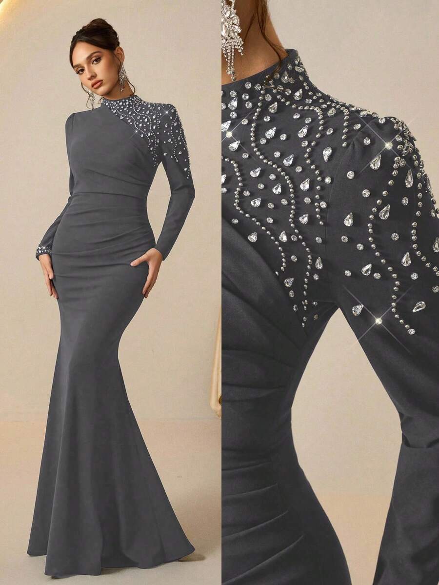 Coutiva Elegant Rhinestone Embellished Fish Tail Hem High-End Formal Gown, Luxury Elegant Socialite Dress - Grey - View 1